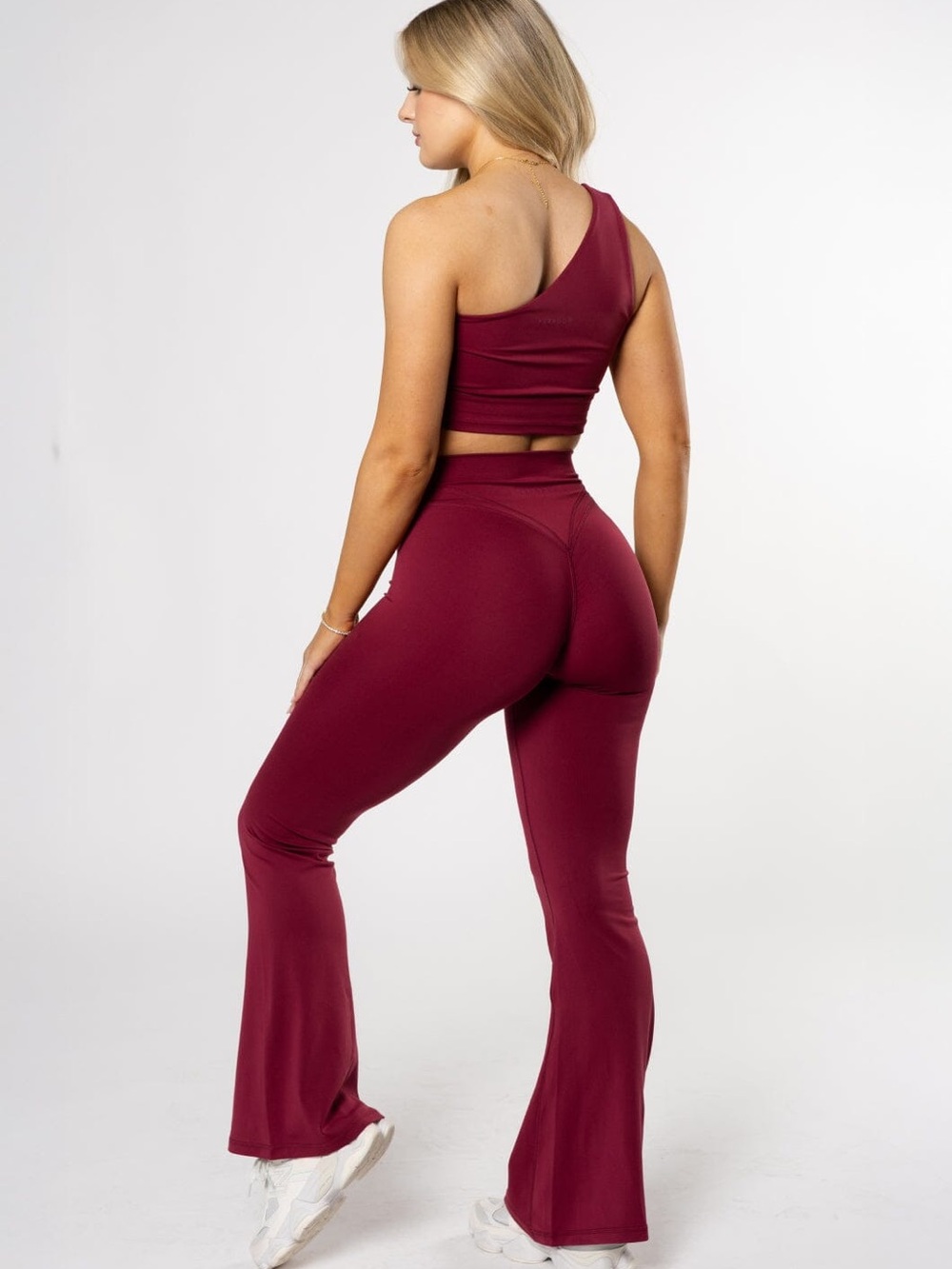 PARAGON One-Shoulder Flare Jumpsuit in Burgundy
